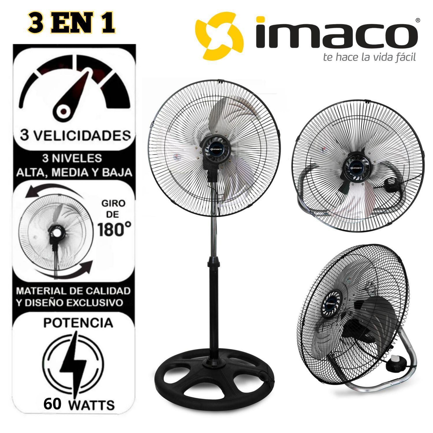 Ventilador Imaco FSM 2060 20" 3 en 1 Pedestal Mesa y Pared Negro